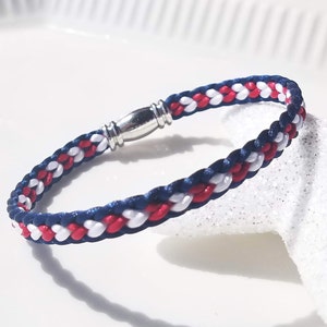 USA 4th of July Independence Day Bracelet: Hand-woven flat braid satin thread in red white and blue color with a silver-plated accent clasp. image 4