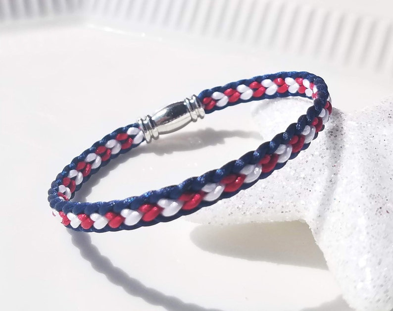 USA 4th of July Independence Day Bracelet: Hand-woven flat braid satin thread in red white and blue color with a silver-plated accent clasp. image 4