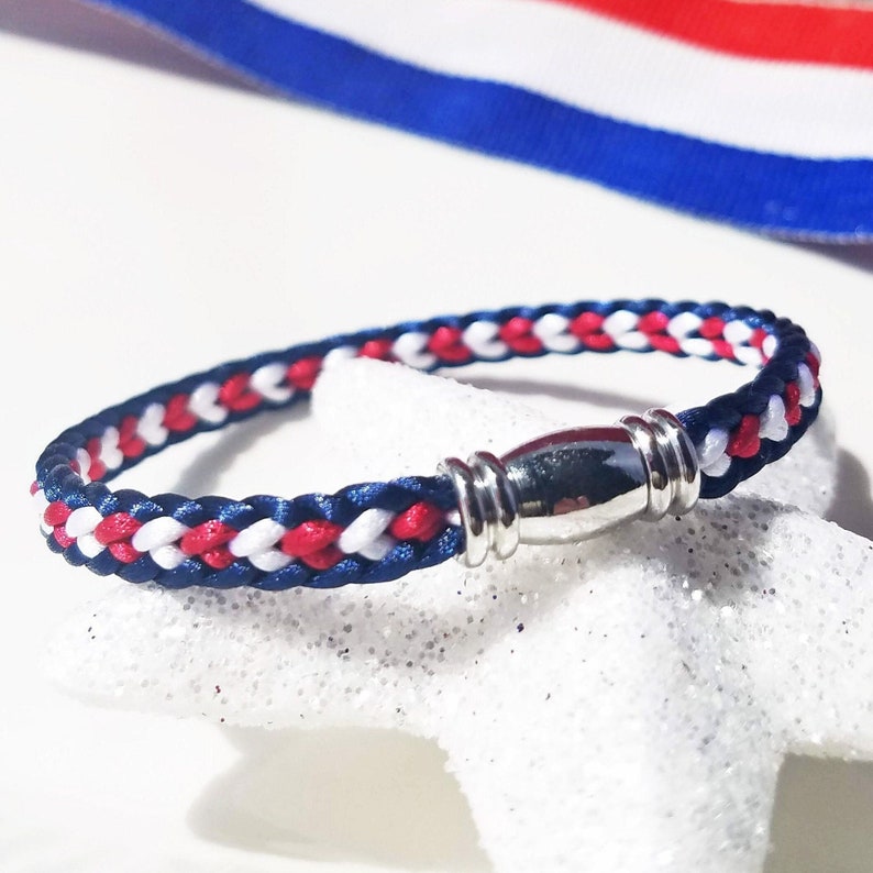 USA 4th of July Independence Day Bracelet: Hand-woven flat braid satin thread in red white and blue color with a silver-plated accent clasp. image 1