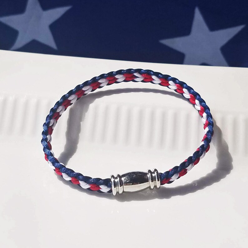 USA 4th of July Independence Day Bracelet: Hand-woven flat braid satin thread in red white and blue color with a silver-plated accent clasp. image 9