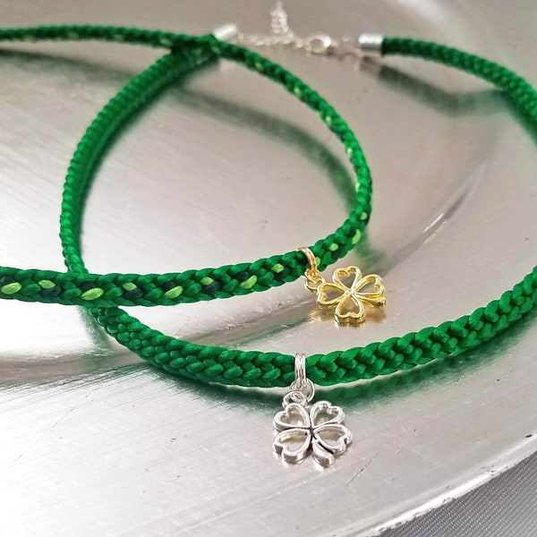 St Patrick's Day necklace, satin thread flat braid in green or green mix with a  gold or silver 4-leaf clover lucky charm & adjustable clasp