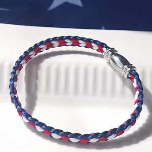 USA 4th of July Independence Day Bracelet: Hand-woven flat braid satin thread in red white and blue color with a silver-plated accent clasp. image 10