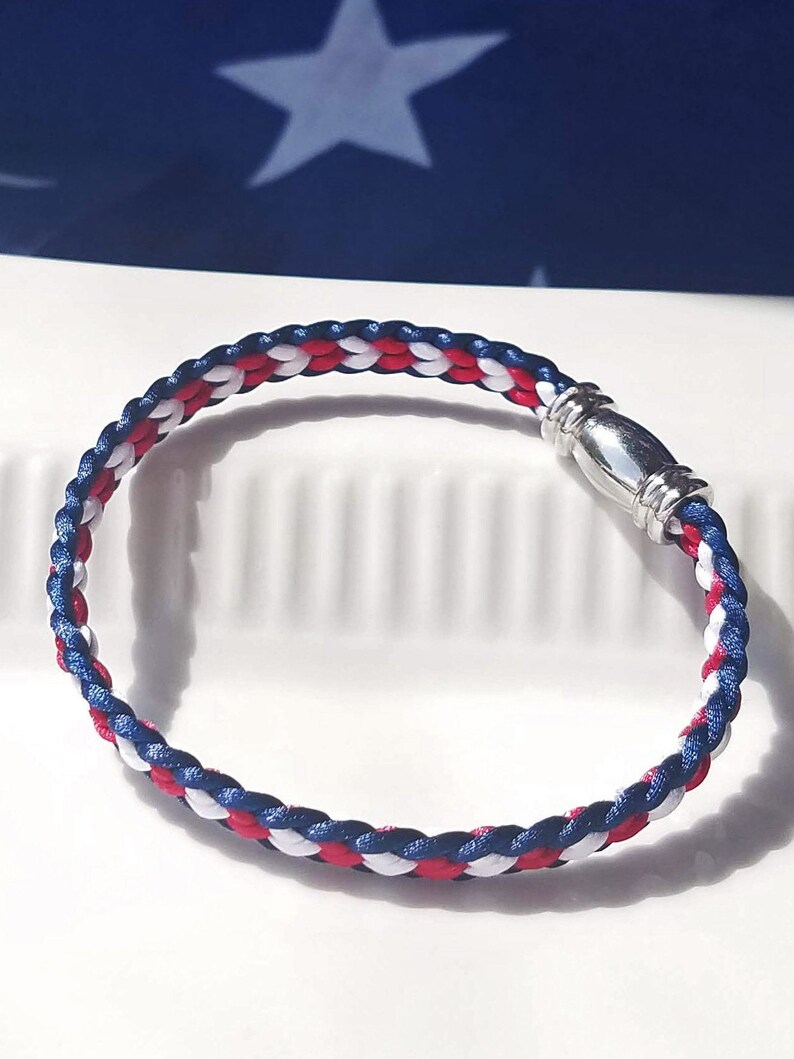 USA 4th of July Independence Day Bracelet: Hand-woven flat braid satin thread in red white and blue color with a silver-plated accent clasp. image 10