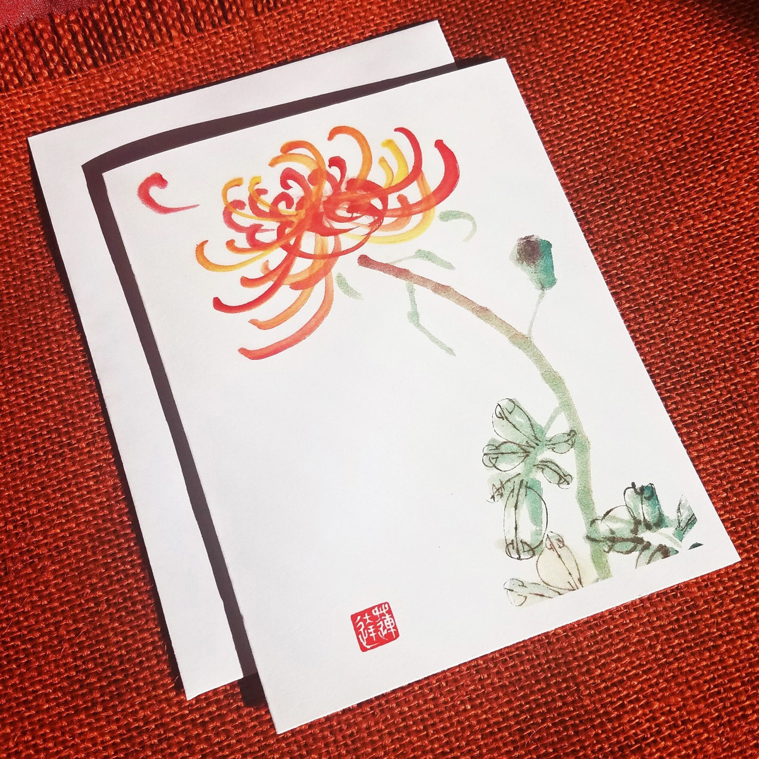 Chinese Painting Note Cards With Orange Chrysanthemum Flower Design ...
