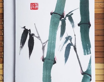 Cartes de notes de peinture à l'aquarelle chinoise en bambou, cartes de vœux peintes à la main et imprimées en couleur vierges à l'intérieur. Ensemble de papeterie de 8 avec enveloppes