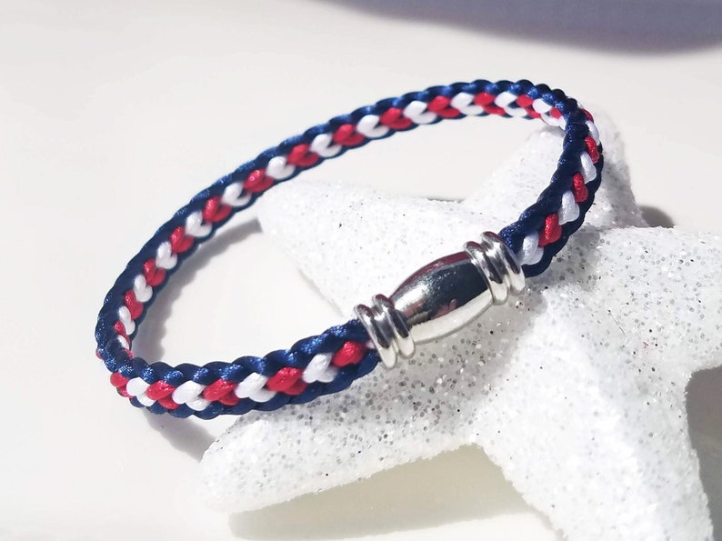 USA 4th of July Independence Day Bracelet: Hand-woven flat braid satin thread in red white and blue color with a silver-plated accent clasp. image 2