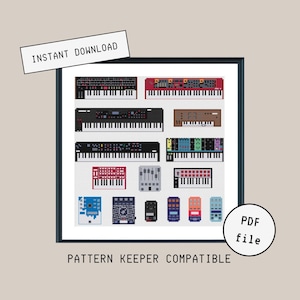 May include: A digital cross-stitch pattern featuring a collection of vintage synthesizers and drum machines. The pattern includes a variety of colours, including red, blue, green, and black. The pattern is compatible with Pattern Keeper software. PDF file.