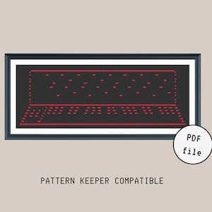 May include: A cross-stitch pattern of a retro computer keyboard with red keys. The pattern is compatible with Pattern Keeper software. The image includes the text "PDF file".