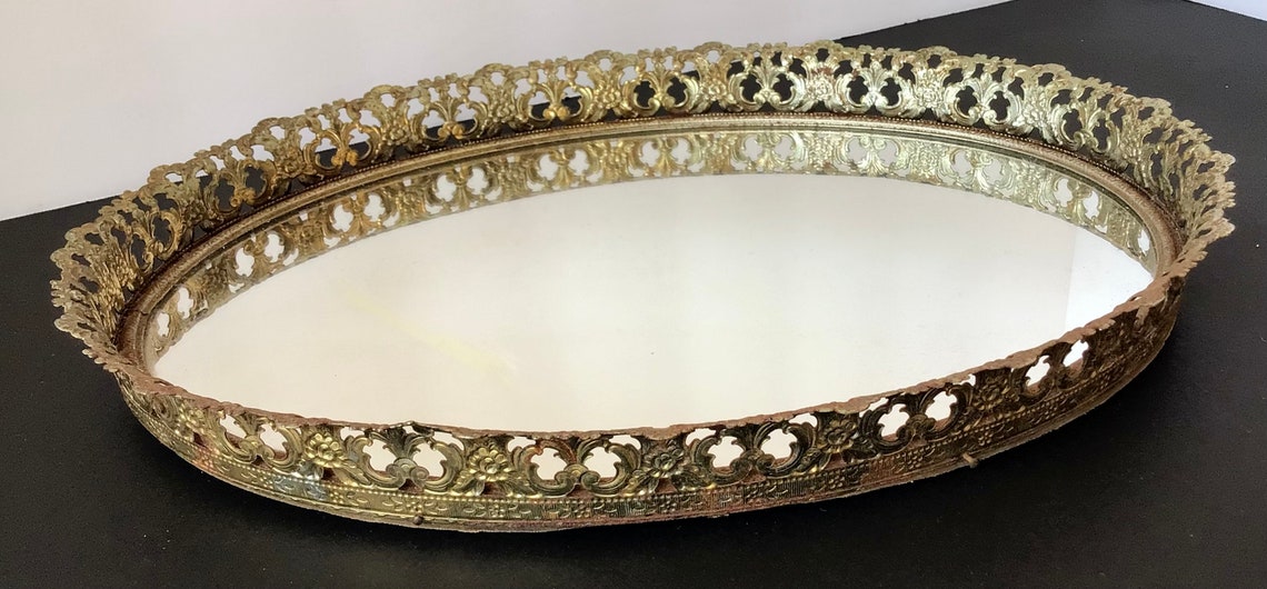 Vintage Mirrored Vanity Tray Gold Metal Oval Shape Etsy