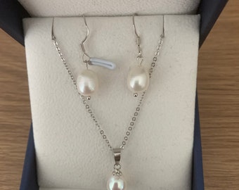 Real Pearl Jewellery Set, Teardrop Real Freshwater Pearl Earrings & Oval Pearl Pendant 925 Chain Necklace, Gift For Her