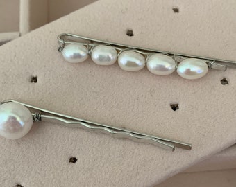 Real Pearl Hair Clips, Two Pearl Barrettes Hair Clips, Silver Pearl, Baroque Pearls, Wedding Day Jewellery, Bridesmaids Gifts, Brides Gifts