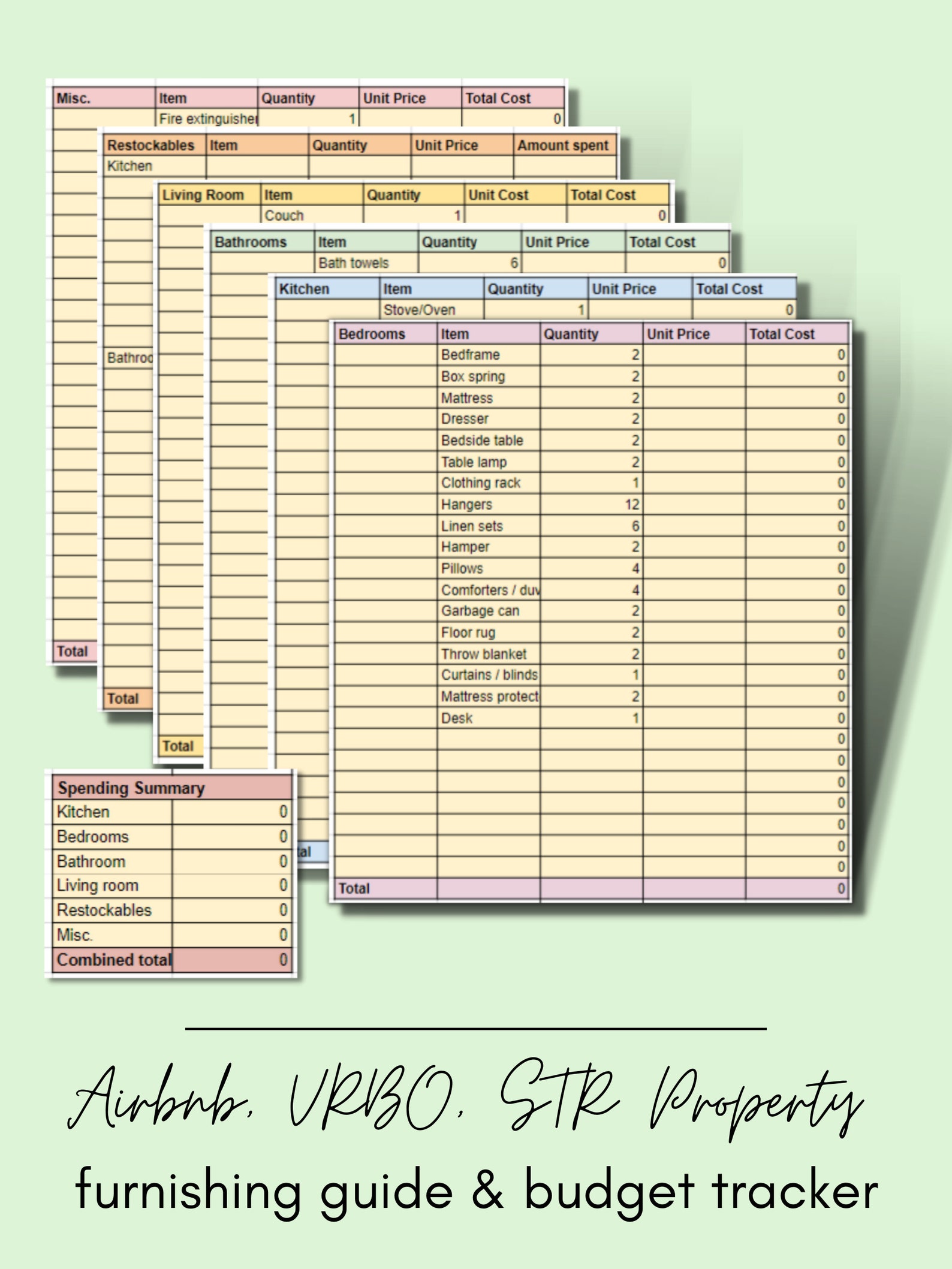 Airbnb, VRBO, Short Term Rental Furnishing Checklist & Budget Tracker