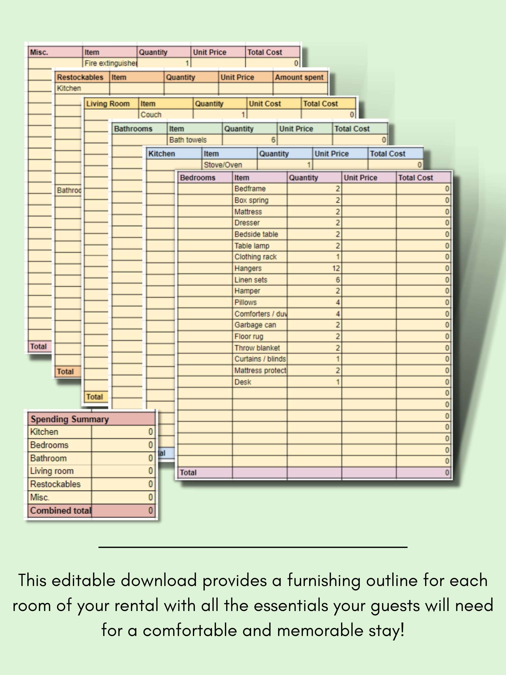 Airbnb, VRBO, Short Term Rental Furnishing Checklist & Budget Tracker
