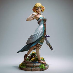 May include: A detailed figurine of a female character with blonde hair and pointed ears, wearing a flowing white and teal dress. The figure is posed on a stone base with flowers, holding a sword. The overall design is reminiscent of a fantasy video game.