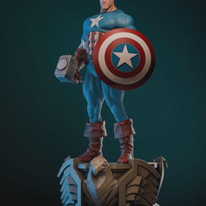 May include: A detailed statue of Captain America, standing on a decorative base. The figure is in a blue and red costume, holding a shield and a hammer. The statue is a 1/6 scale model.