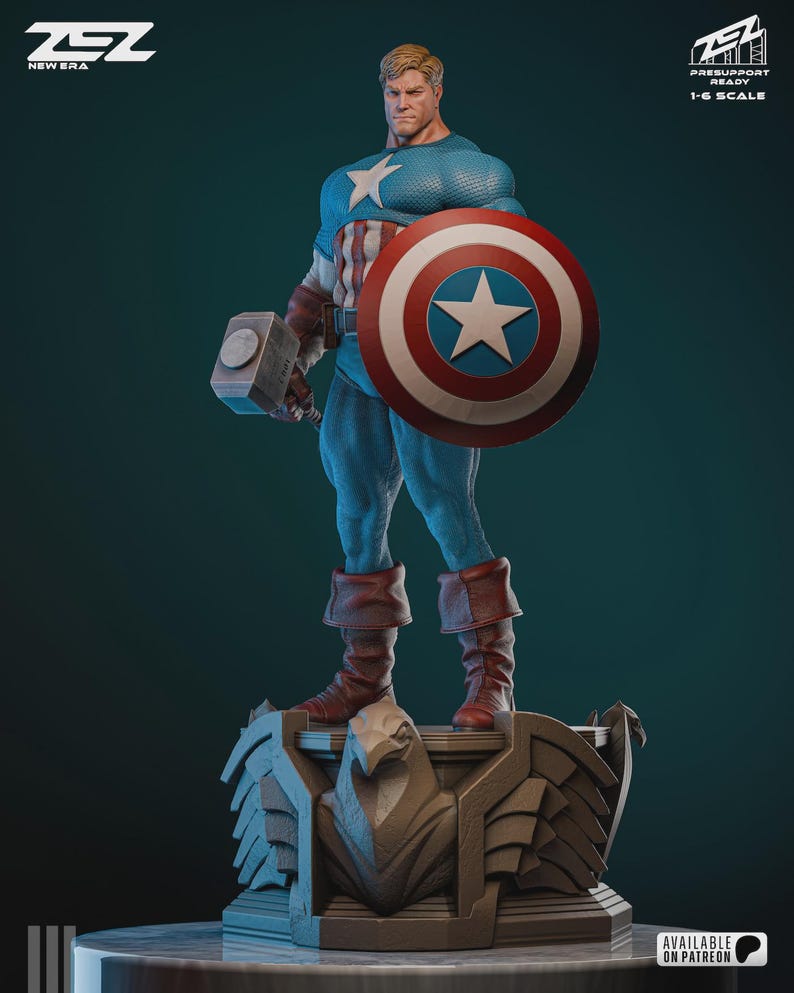May include: A detailed statue of Captain America, standing on a decorative base. The figure is in a blue and red costume, holding a shield and a hammer. The statue is a 1/6 scale model.