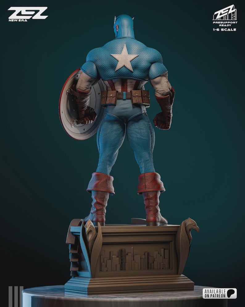 May include: A detailed statue of Captain America, viewed from the back, showcasing his iconic blue and white costume with a star emblem. He holds his shield and stands on a decorative base. The statue is labeled as 1/6 scale.