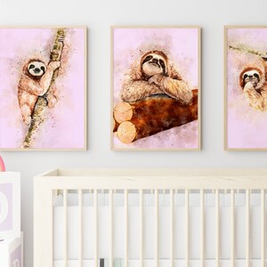 Sloth Nursery Wall Art, Set of 3 Prints, Girl’s Cute Sloth Prints, Hanging Sloth, Sloth Lover Gift, Kids Room Printable Art, and Sloth Gift