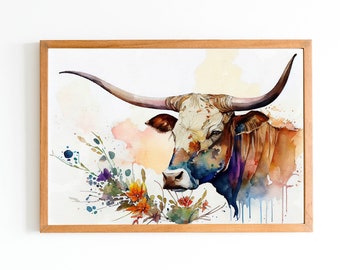 Longhorn AI Watercolor - Texas Wall Art Décor featuring Longhorn Cow - MidJourney AI Art - Perfect Longhorn Gift and Texas Longhorn Wall Art