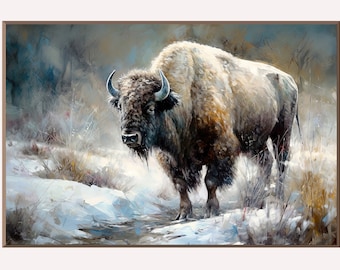 Buffalo in a Winter Wonderland: AI Midjourney Generative Wall Art - Wild Buffalo in a Serene Winter Landscape - Western American Landscape