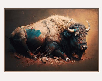 American Bison - Lying Down Buffalo - Midjourney AI-Generated Wall Art - Perfect for Rustic Décor - Office Décor - Wildlife - Nature Décor