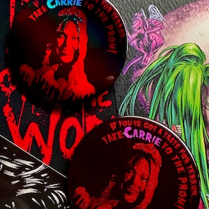 Take Carrie To Prom-Halloween Pin Badges in Shiny Chrome/Pink Glitter 38mm and 58mm