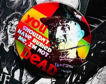 Krueger Halloween Inspired-Shiny Chrome/Fleshy Pink Sparkle Individual Pin Badges in sizes 38mm and 58mm