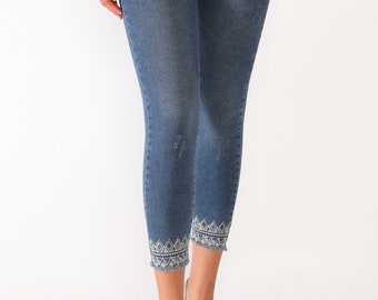 Jean skinny taille haute en lycra brodé de paillettes pour femmes - Jeans en lycra - Lycra de coton de haute qualité