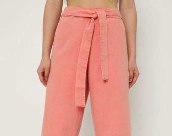 Women's Elastic Waist Belted Gabardine Cotton Wide Leg Casual Cropped Trousers Pants