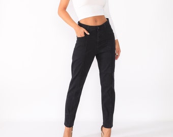 Women's High Waist Stitch Detail Mom Jeans Denim Pants