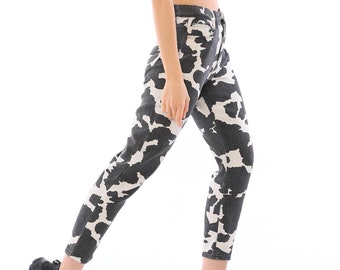 Women's High Waist Cow Pattern Milka Mom Jeans Denim Pants