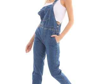 Women's Gardener Salopet Casual Adjustable Jeans Cotton Overalls Denim Pants Jumpsuit, Black, Blue, Dark Blue, Grey