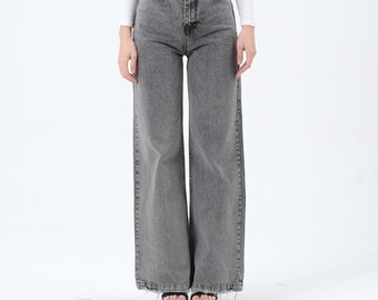 Damen Licht Graue Hohe Taille Weitschnitt Weites Bein Stonewashed Palazzo Weites Bein Lockere Jeans Denim Hose