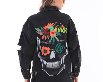 Women's Black Oversize Floral Skull Custom Hand Painted Handmade Printed Ripped Long Denim Jacket Jean, One of a Kind Wearable Art