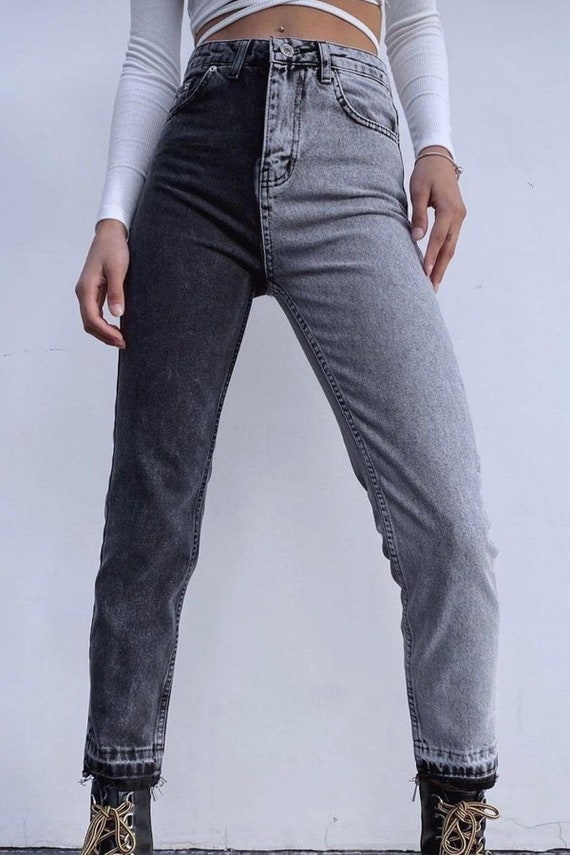 Women's High Waist Two Tone Color Mom Jeans Jeans Denim Pants 