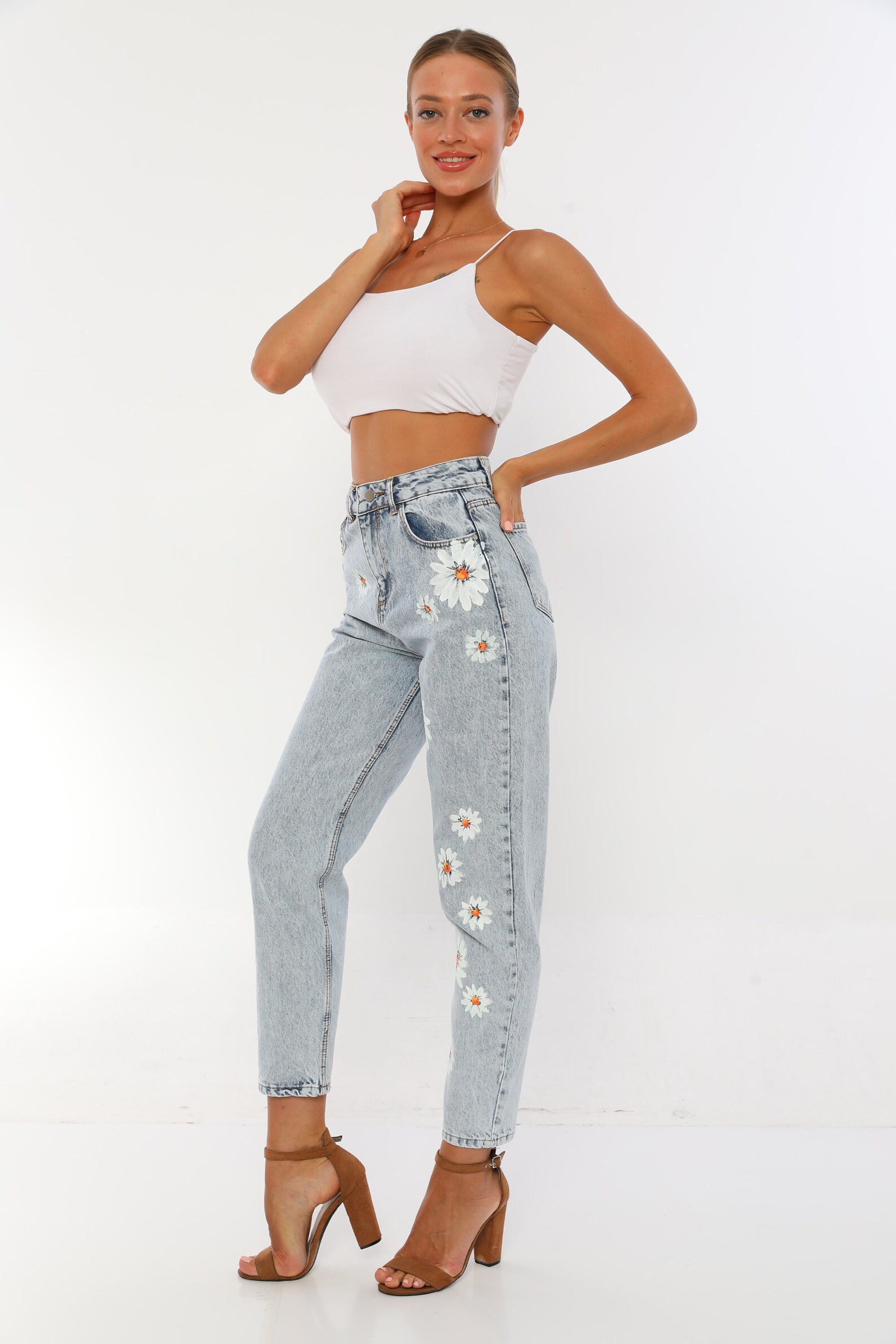 Women's High Waist Floral Custom Hand Painted Mom Jeans Etsy