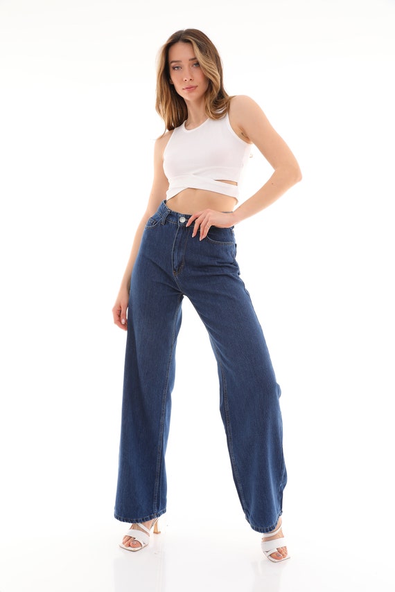 Pantalones vaqueros de pierna ancha de cintura alta para mujer Etsy Espana