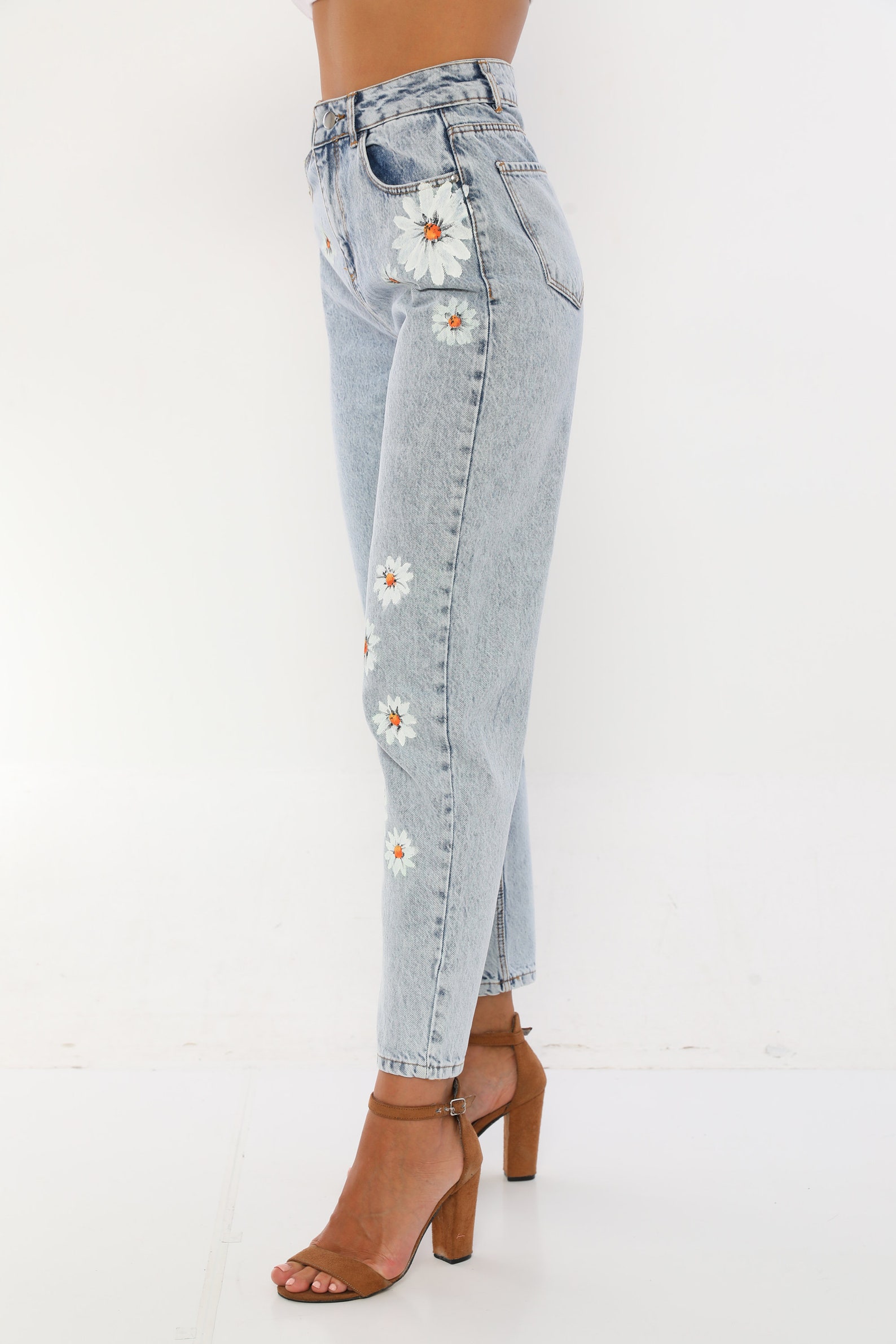Women's High Waist Floral Custom Hand Painted Mom Jeans Etsy