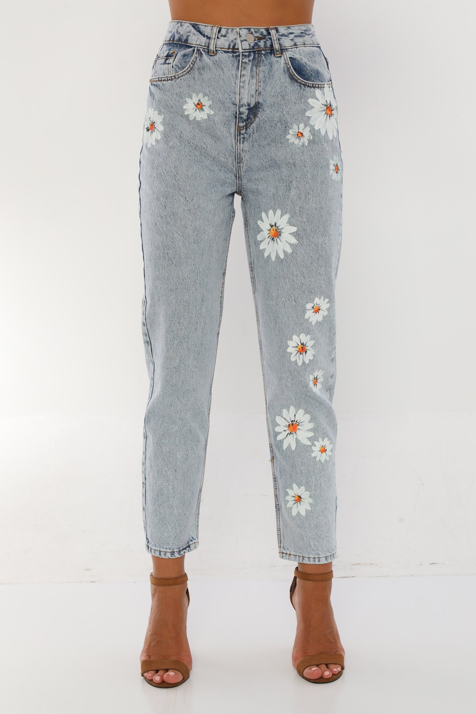 Women's High Waist Floral Custom Hand Painted Mom Jeans Etsy