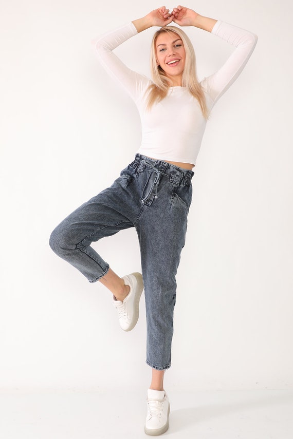 Women's High Waist Elastic Waist Jeans Denim Pants 