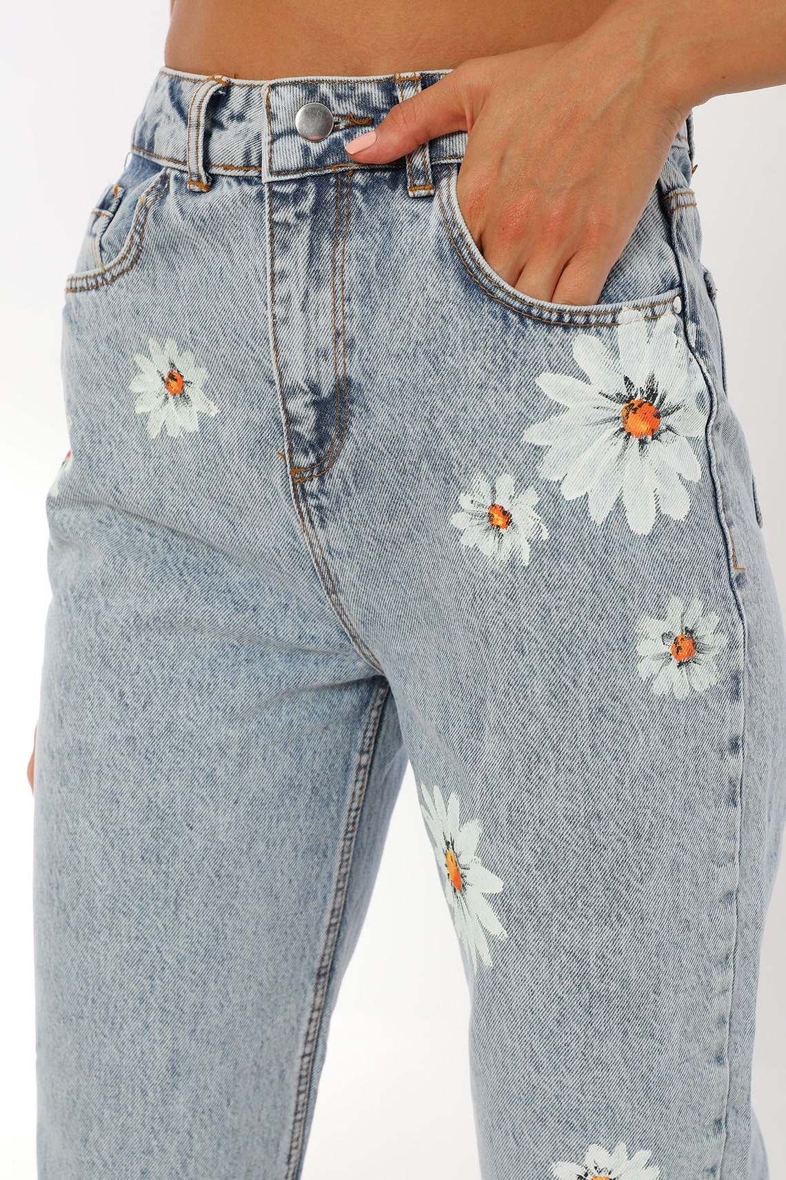 Women's High Waist Floral Custom Hand Painted Mom Jeans Etsy