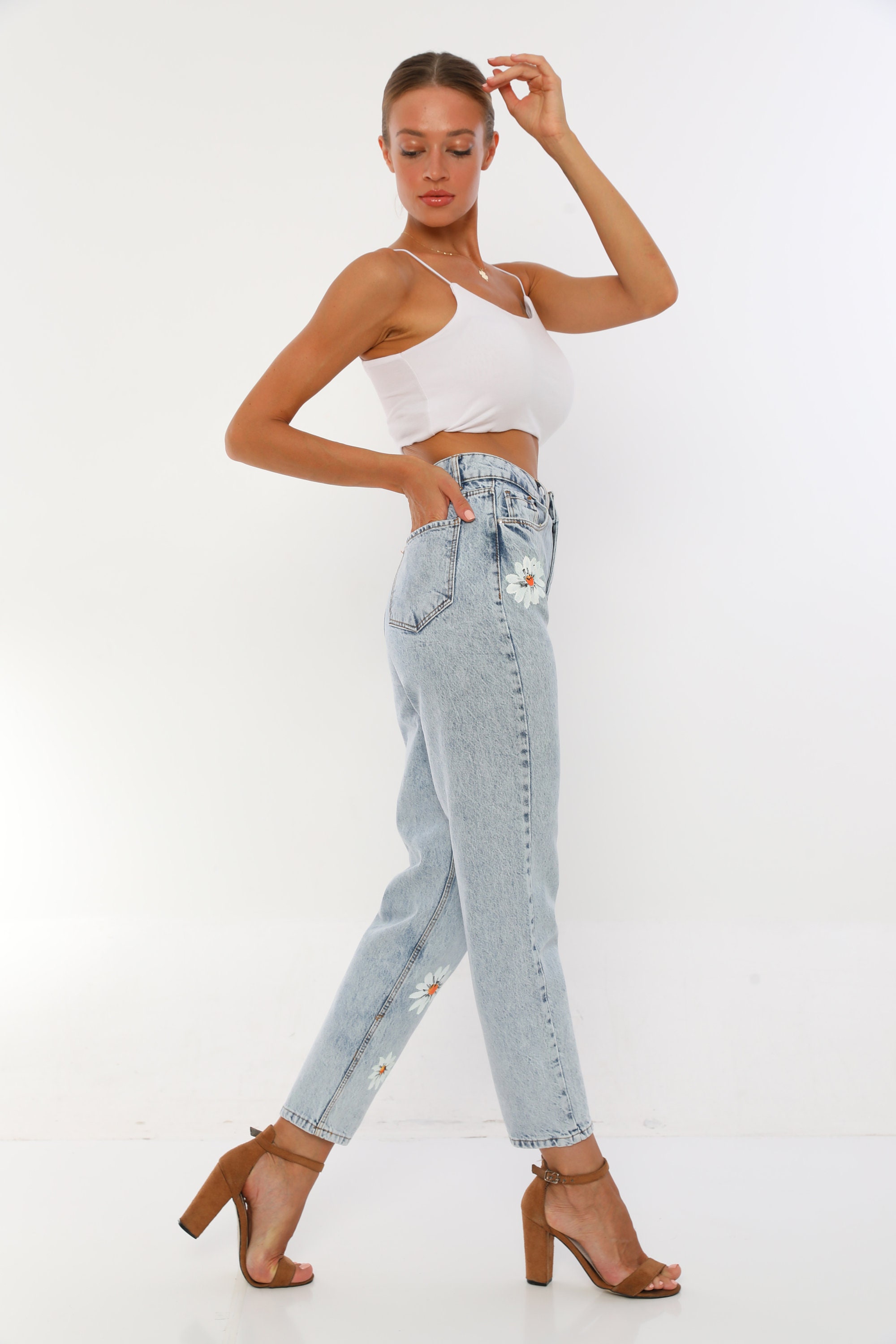 Women's High Waist Floral Custom Hand Painted Mom Jeans Etsy