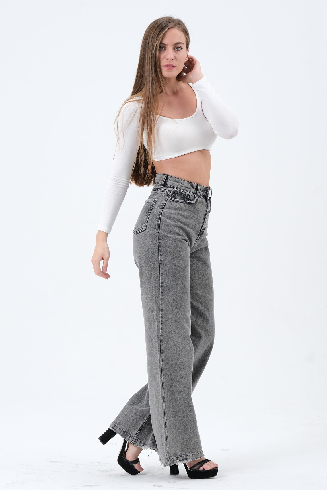 Ladies 66 Leopard Wide Leg High Waist Jeans-Grey main image 1
