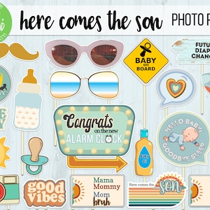Here Comes the Son | Photobooth Props | Alarm Clock Photo Booth Props | Mama Mommy Mom Bruh | Surf Baby Shower | Here comes the sun