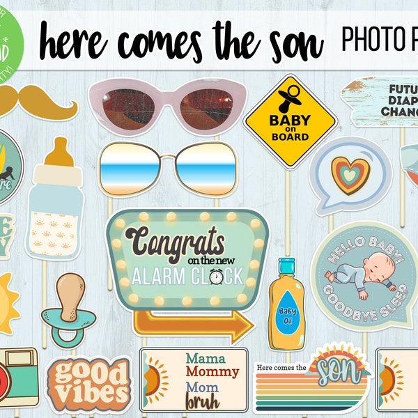 Here Comes the Son | Photobooth Props | Alarm Clock Photo Booth Props | Mama Mommy Mom Bruh | Surf Baby Shower | Here comes the sun
