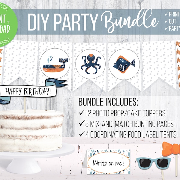 Digital Party Bundle, Nautical Blue Whale, DIY Photo Props and Bunting