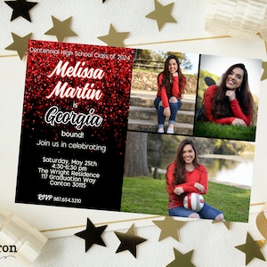 May include: Graduation invitation for Melissa Martin, who is going to Georgia. The invitation is black with red glitter and features three photos of Melissa. The text includes the date, time, and location of the event.