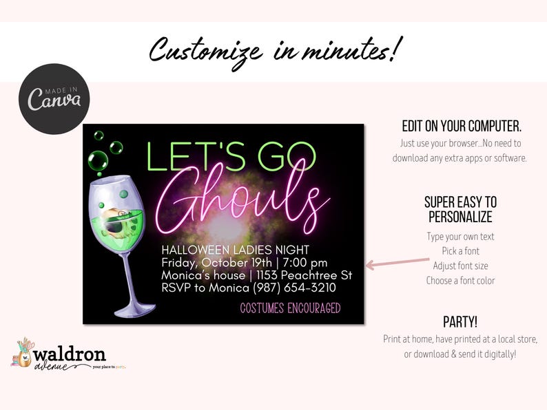 May include: A digital invitation for a Halloween party with the text "Let's Go Ghouls" in neon pink and green lettering. The invitation includes details about the party, including the date, time, location, and RSVP information. The background is a black and purple galaxy-like design with a green cocktail glass with a green monster inside.