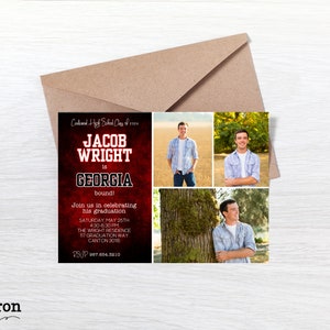 May include: Graduation invitation with a red and black background featuring the name Jacob Wright and the text "is Georgia bound!"  The invitation includes a collage of photos of the graduate.