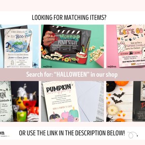 May include: A collage of Halloween party invitations with various themes, including a spooky ghost party, a pumpkin carving party, and a horror movie night. The invitations feature colorful illustrations and text.